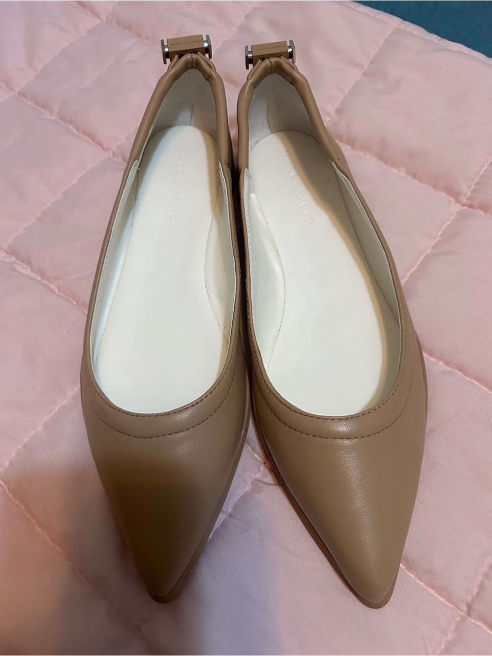Vince Camuto Nude/Tan Pointed Ballet Flats with Metal Accent